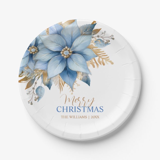 Icy Blue Gold Poinsettia Blume Weihnachten Pappteller (Vorderseite)
