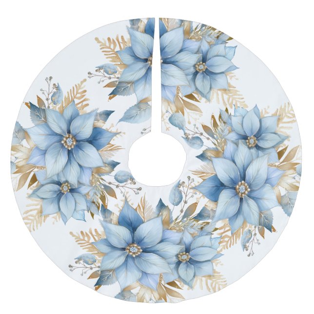 Icy Blue Gold Poinsettia Blume Weihnachten Polyester Weihnachtsbaumdecke (Vorderseite)