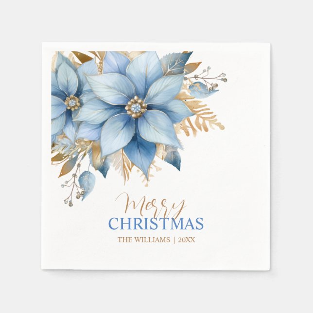 Icy Blue Gold Poinsettia Blume Weihnachten Serviette (Vorderseite)
