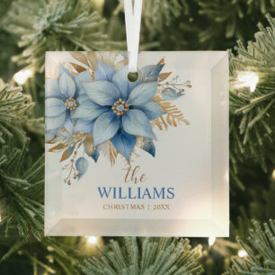 Icy Blue Gold Poinsettia Blume Weihnachtsbaum Ornament Aus Glas