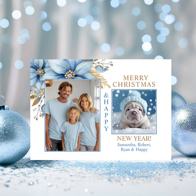 Icy Blue Gold Poinsettia Weihnachten | 2 FOTO (Icy Blue Gold Poinsettia Christmas  2 PHOTO Holiday Card)
