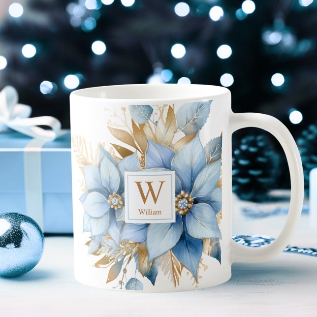 Icy Blue Gold Poinsettia WeihnachtsMONOGRAM Kaffeetasse (Icy Blue Gold Poinsettia Christmas MONOGRAM Coffee Mug)