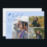 Icy Blue Hand Written Thank You Multi Photo Ankündigung<br><div class="desc">Modern and whimsical graduation announcement photo card featuring 3 photos on the front and 1 on the back. The text says "Thank You" with twinkling stars. Add the graduate's name,  information,  and message to personalize this card. Icy blue.</div>