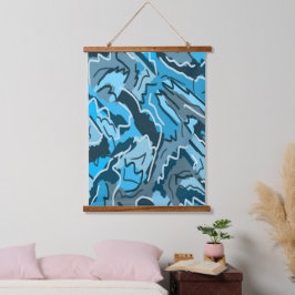 Icy Blue Marbled Abstrakt Wandteppich Mit Holzrahmen
