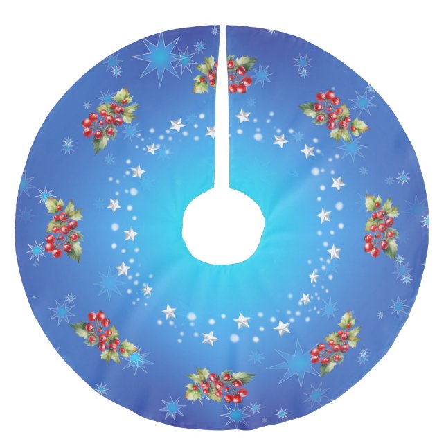 Icy Blue Red Berries & Stars Weihnachten Polyester Weihnachtsbaumdecke (Vorderseite)