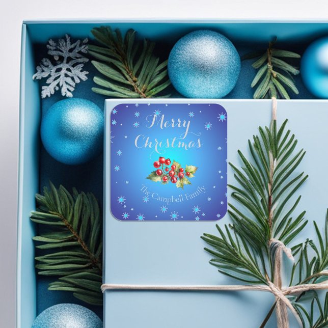 Icy Blue Red Holly Berries Frohe Weihnachten Quadratischer Aufkleber (Von Creator hochgeladen)