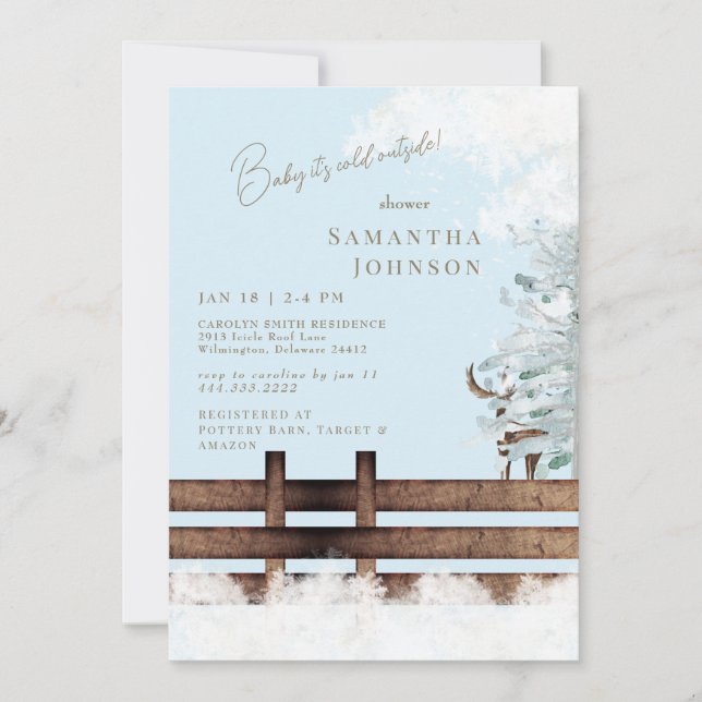 Icy Blue Rustic Woodland Baby ist kalt draußen Einladung (Vorderseite)