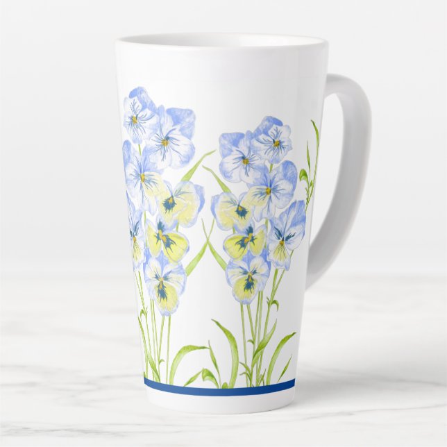 Icy Blue Stiefmütterchen auf einer großen Latte-Ta Milchtasse (Rechte Ecke)
