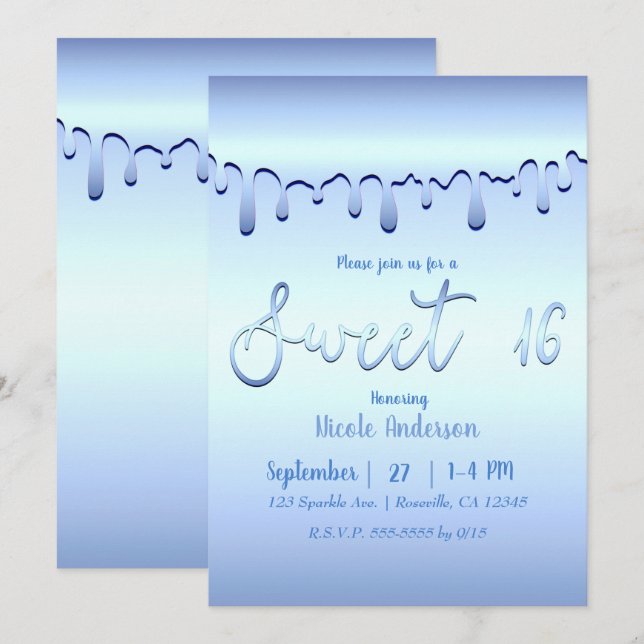 Icy Blue Tropfen Winter Wonderland Sweet 16 Sechze Einladung (Vorne/Hinten)