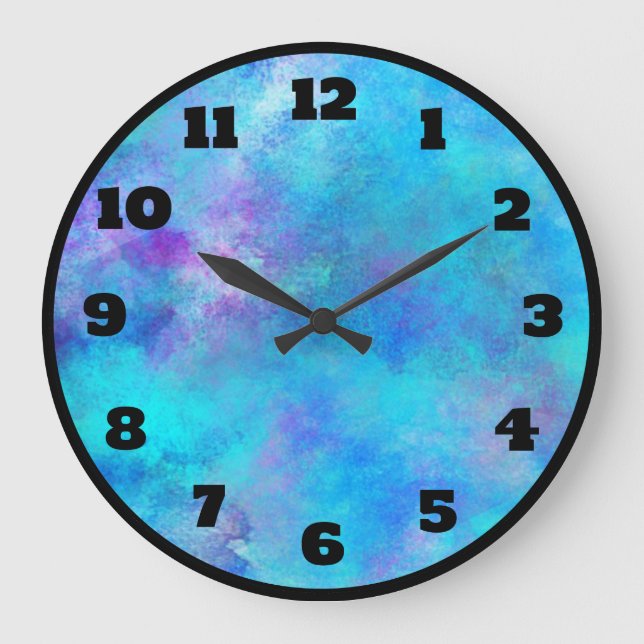 Icy Blue und Lila Abstraktes Design Große Wanduhr (Vorderseite)