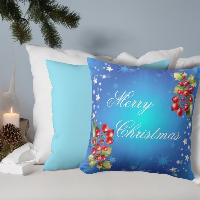 Icy Blue Winter Stars & Holly Frohe Weihnachten Kissen (Front)