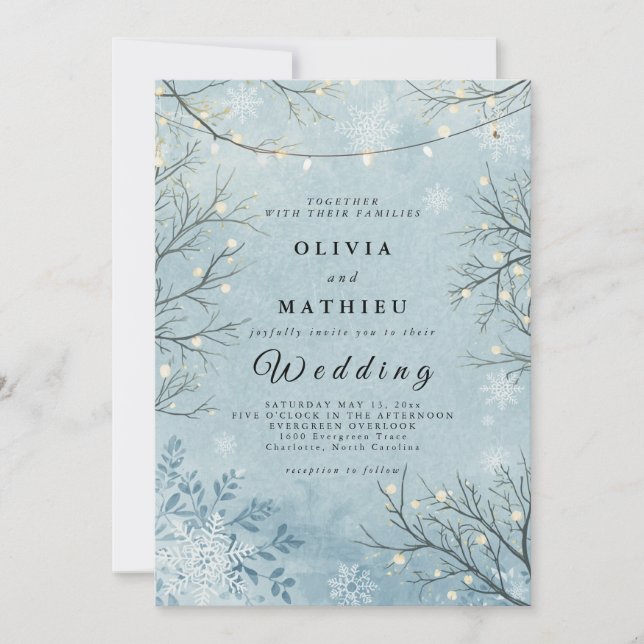 Icy Blue Winter Twig Floral Wedding Einladung (Vorderseite)