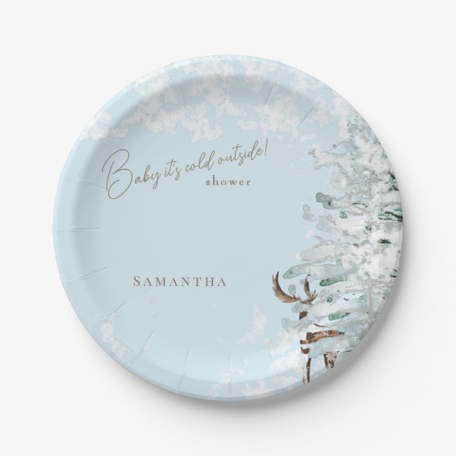 Icy Blue Woodland Baby ist kalt draußen Pappteller (Vorderseite)