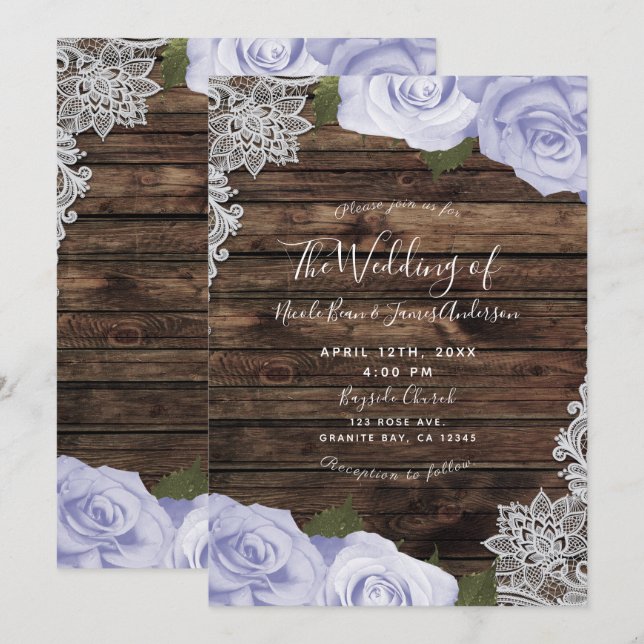 Icy Lila Floral Rose Rustic Wood & Lace Wedding Einladung (Vorne/Hinten)