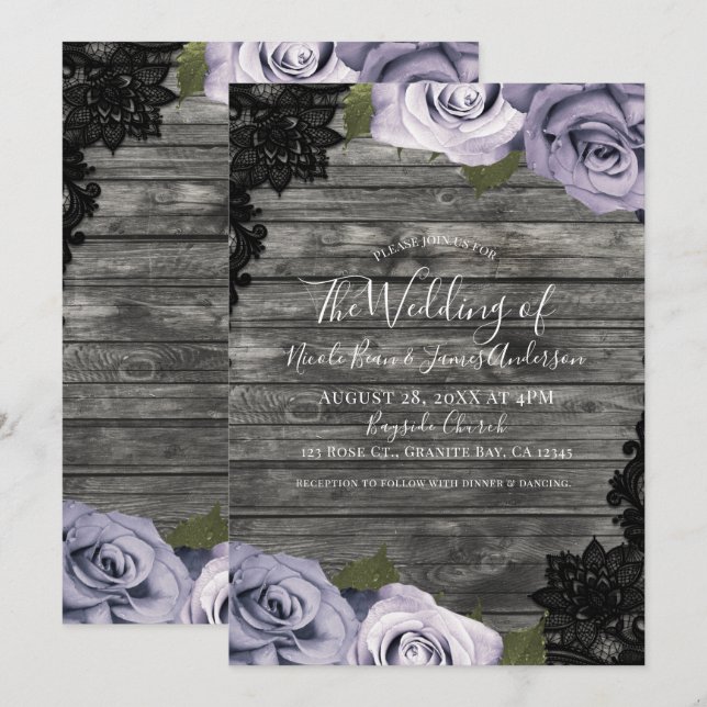 Icy Lila Rose Rustic Wood Black Lace Wedding Einladung (Vorne/Hinten)