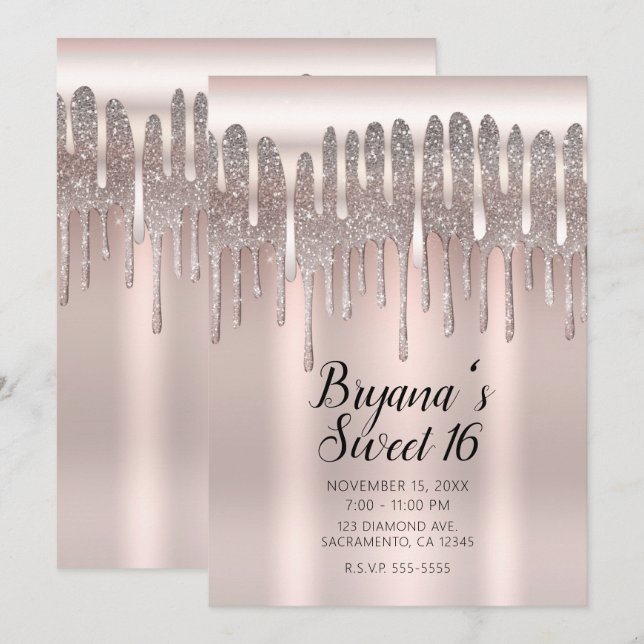 Icy Pink Rose Gold Diamond Glitzer Tropfen Sweet 1 Einladung (Vorne/Hinten)