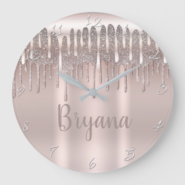 Icy Pink Rose Gold Diamond Sparkon Glitzer Tropfen Große Wanduhr (Vorderseite)
