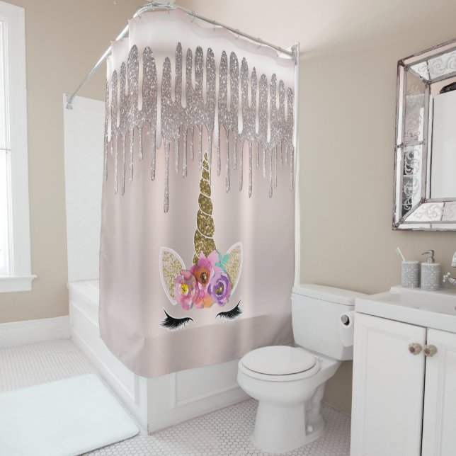 Icy Pink Rose Gold Glitzer Tropfen Blumenhorn Duschvorhang (Beispiel)