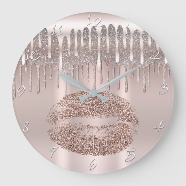 Icy Pink Rose Gold Lippen Diamond Glitzer Tropfen Große Wanduhr (Vorderseite)