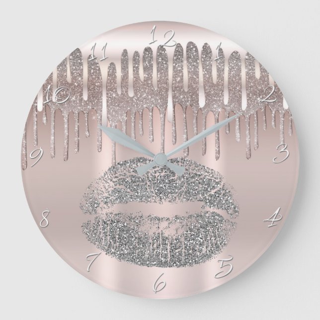 Icy Pink Rose Gold Silver Lips Glitter Drip Große Wanduhr (Vorderseite)