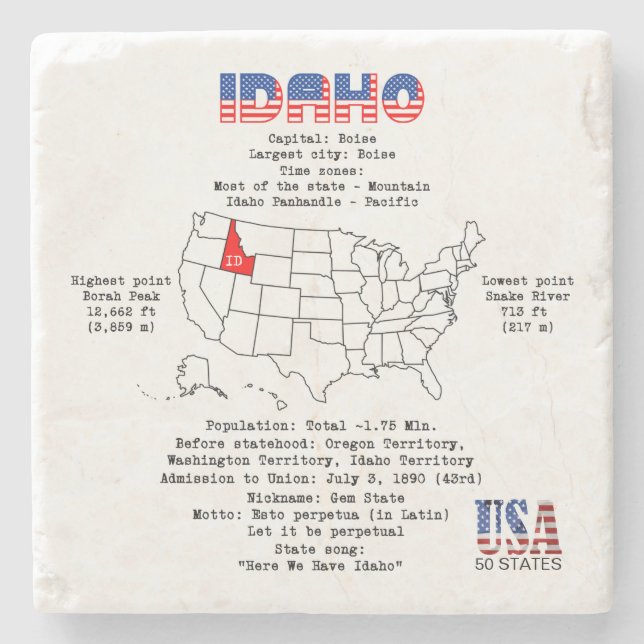 Idaho American Staat auf einer Karte und nützliche Steinuntersetzer (Vorderseite)