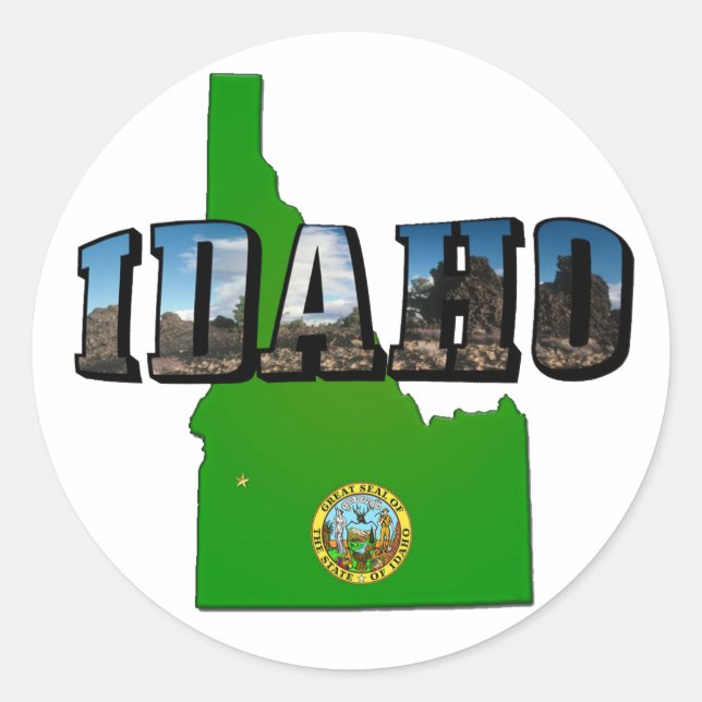 Idaho-Karte, Siegel und Bild-Text Runder Aufkleber (Vorderseite)