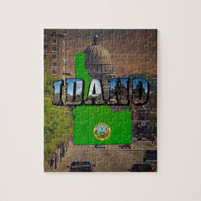 Idaho Map, Seal and Picture Text (Vertikal)