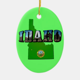Idaho Map, Seal and Picture Text Keramik Ornament