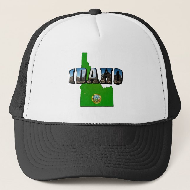 Idaho Map, Seal and Picture Text Truckerkappe (Vorderseite)