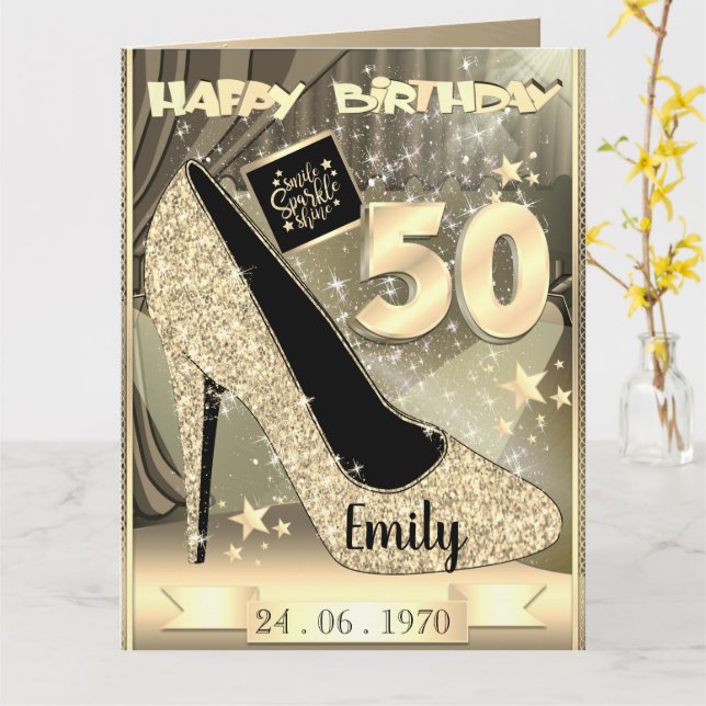 Idée de carte d'anniversaire Gold 50th personnalis (Fleur jaune)