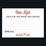 Ideenkarten für Datums-Nacht Tischnummer<br><div class="desc">Diese Lieblings-Date-Night-Ideenkarten sind das perfekte Kompliment für Ihren Hochzeitsempfang oder Ihr Party. Dieses Design kombiniert schwarze und rote Schriftart mit einem Herzbanner als Akzent und frage Ihren Gästen,  eine Note mit ihren besten Date-Ideen verlassen. Die Karte hat Platz,  um die Datums-Ideen und den Namen der Gäste verlassen.</div>