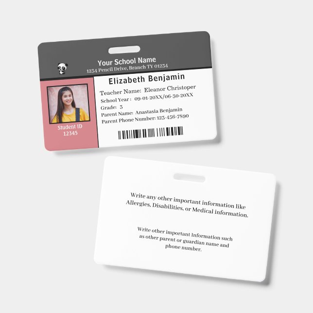 Identifizierungskarte Bar Code Studentenschule Ausweis (Vorder- & Rückseite)