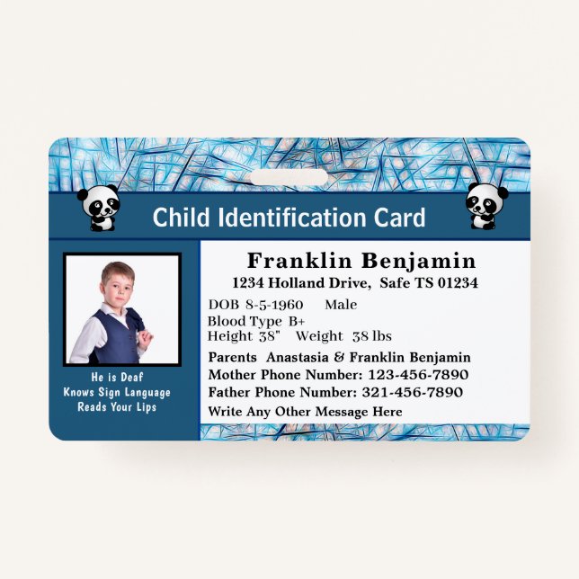 Identifizierungskarte für Kinder-Jungen-Mädchen Ausweis (Vorderseite)