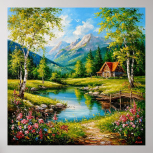 Idyllische Hütte am Fluss in einem pulsierenden Ge Poster
