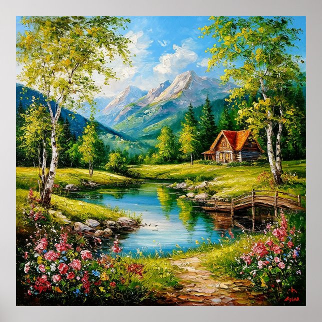 Idyllische Hütte am Fluss in einem pulsierenden Ge Poster (Vorne)