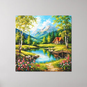 Idyllische Hütte an einem Bach in einem lebendigen Leinwanddruck