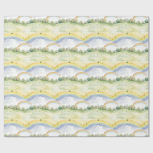 Idyllische Landschaft mit Bäumen, Büschen, Blume Geschenkpapier