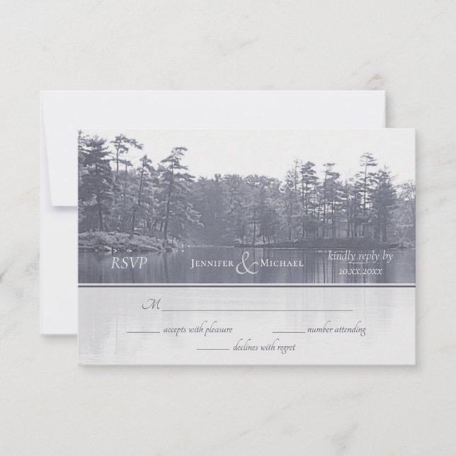 idyllische Seenlandschaft Blau-graue Hochzeit RSVP Karte (Vorderseite)