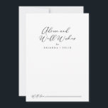 Idyllische, stylische Kalligraphie-Hochzeitsstimmu Hinweiskarte<br><div class="desc">Diese idyllische stylische Kalligraphie Hochzeit auch Wünsche Beratung Karte ist perfekt für eine rustikale Hochzeit. Das einfache und elegante Design zeichnet sich durch klassische und extravagante Schriftzeichen in Schwarz und Weiß aus. Diese Karten sind ideal für Hochzeiten, Brautparty, Babydusche, Graduiertenfest u.v.m. Personalisieren Sie die Karten mit den Namen der Braut...</div>