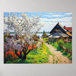 Idyllischer Frühlingsbauernhof Kirschblüten auf Sa Poster