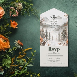 Idyllischer Wasserfarben-Berg-Winterwald-Hochzeit All In One Einladung