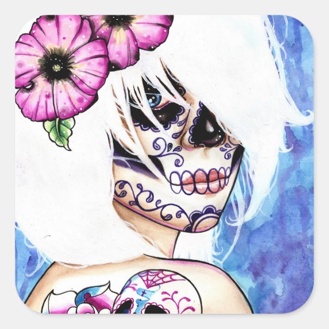 :ies Day of the Dead Sugar Skull Girl Quadratischer Aufkleber (Vorderseite)