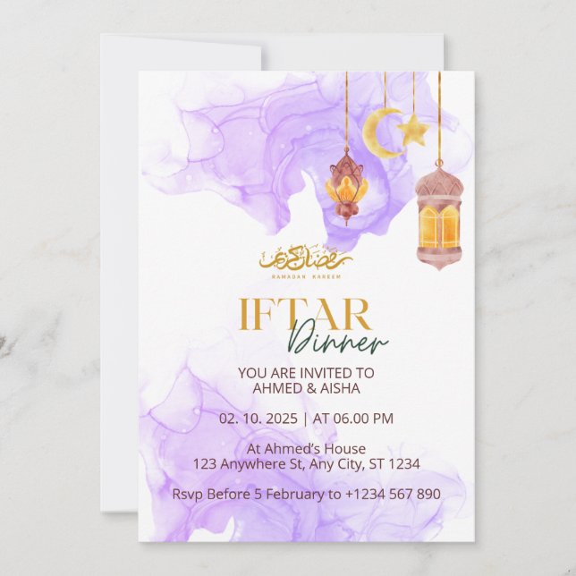 Iftar Dinner Einladung Rmadan Wasserfarbe lila (Vorderseite)