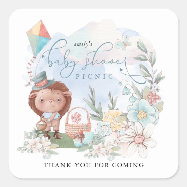 Igel Boy Baby Shower Picnic Florals Vielen Dank Quadratischer Aufkleber (Vorderseite)
