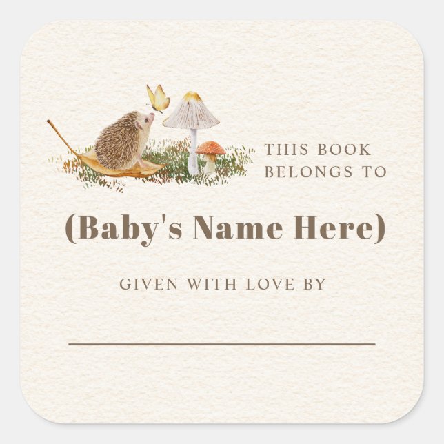 Igel Butterfly Mushroom Baby Showbook Quadratischer Aufkleber (Vorderseite)