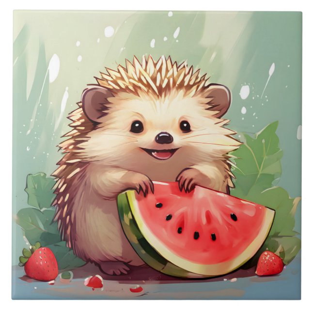 Igel, der ein Stück Wassermelone genießt Fliese (Vorderseite)