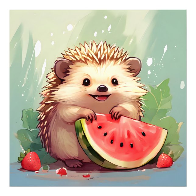 Igel, der ein Stück Wassermelone genießt Fotodruck (Vorne)