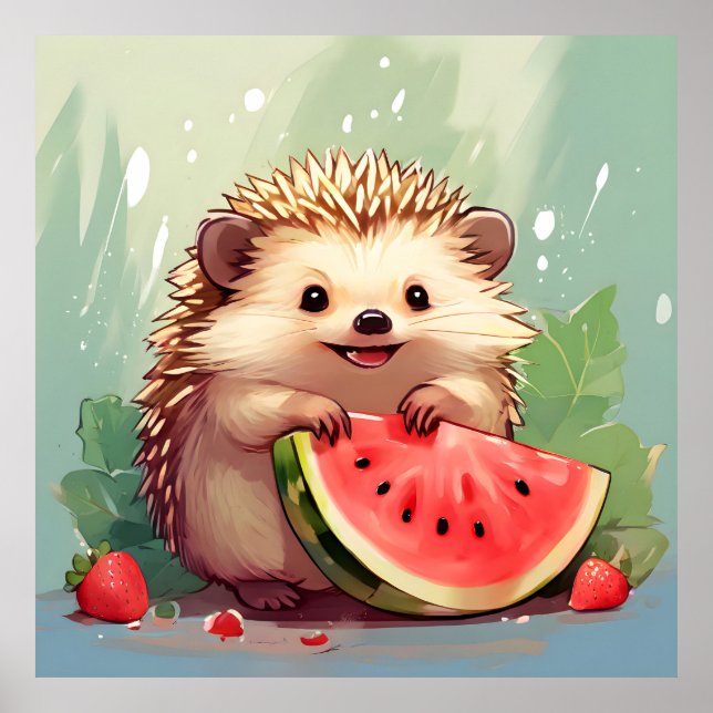 Igel, der ein Stück Wassermelone genießt Poster (Vorne)