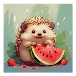 Igel, der ein Stück Wassermelone genießt Poster