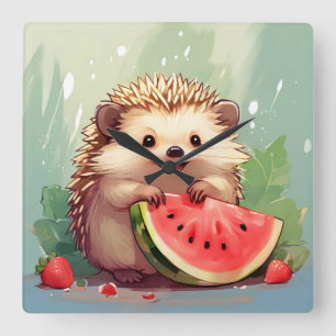 Igel, der ein Stück Wassermelone genießt Quadratische Wanduhr